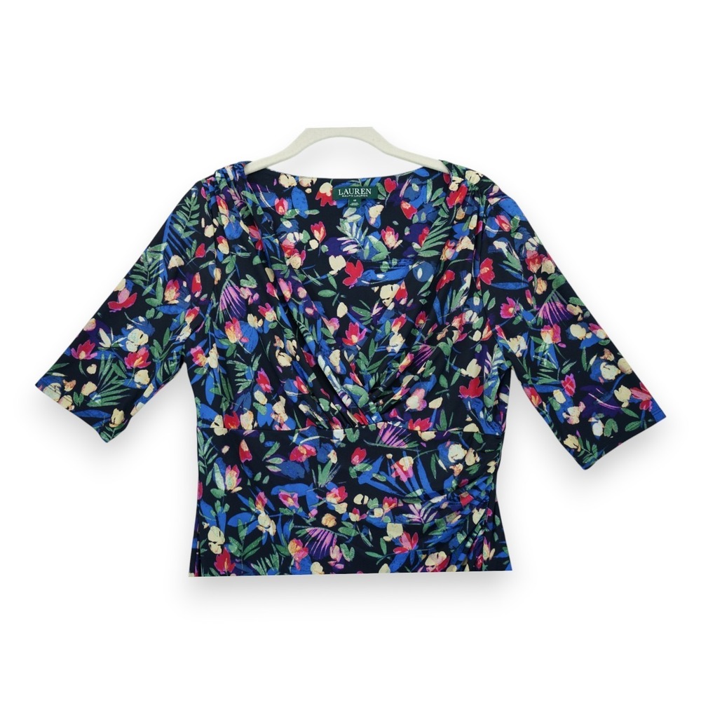 Lauren Ralph Lauren Floral Stretch Jersey Dress Size 12 Short Sleeve Vneck EUC - Picture 3 of 7